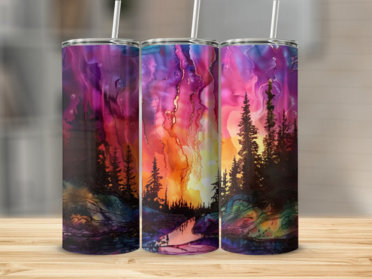 Three tumblers with a vibrant sunset over a forest and river scene.