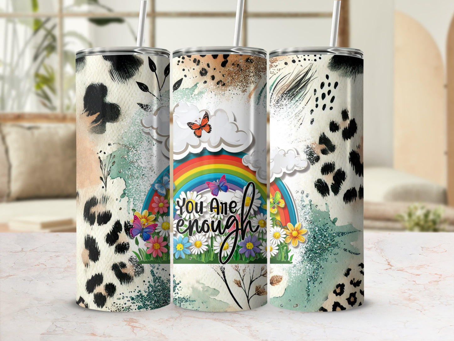 You Are Enough Rainbow and Leopard Print Tumbler