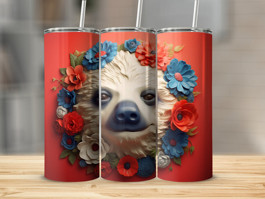 Sloth face with floral wreath on red insulated tumbler.