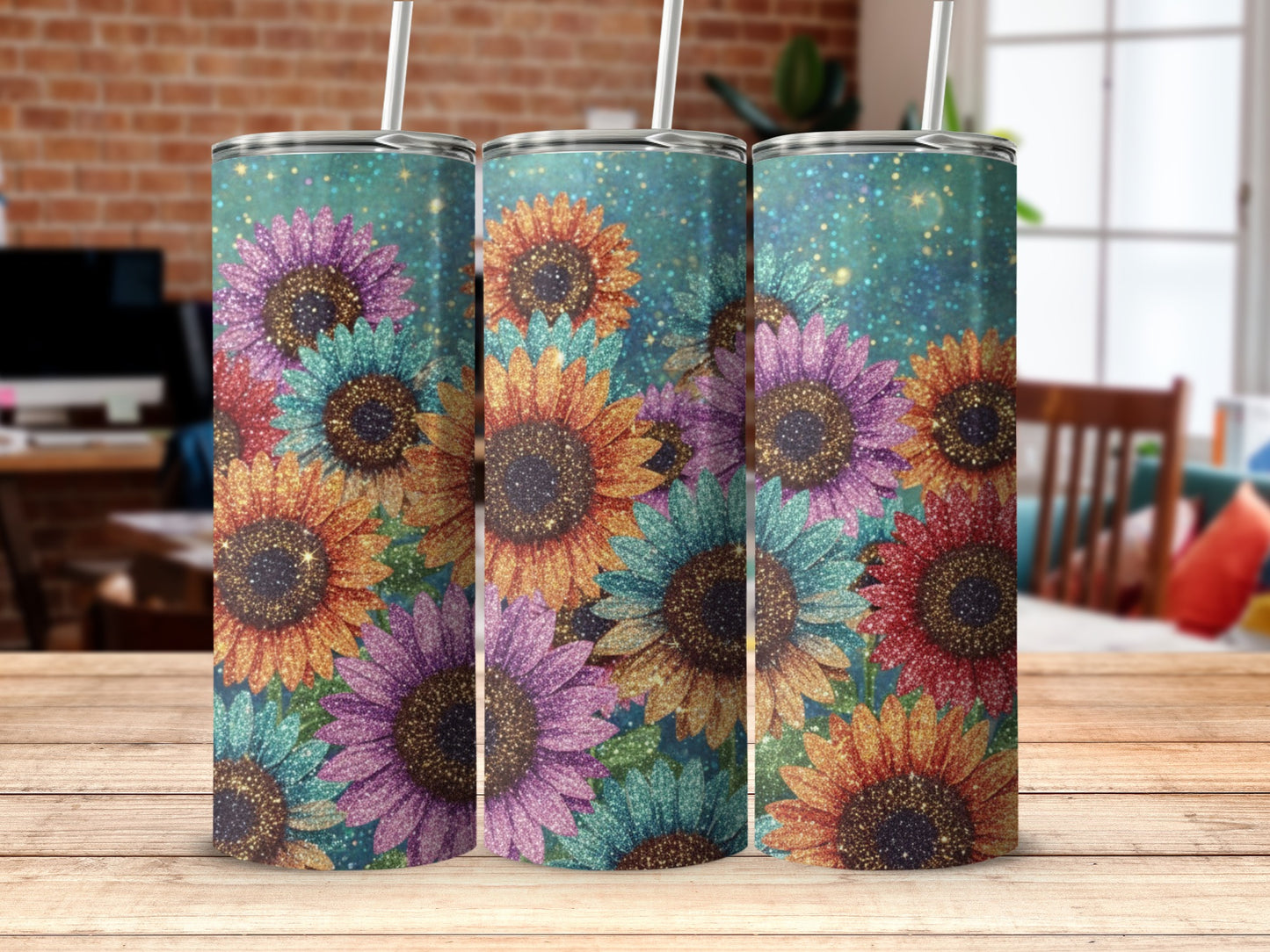 Colorful Sunflower Glitter Vacuum Insulated Tumbler