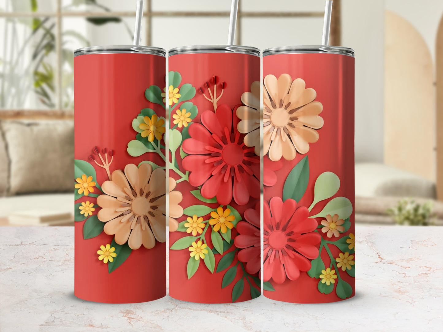 Floral Pattern Insulated Tumbler with Straw Cup