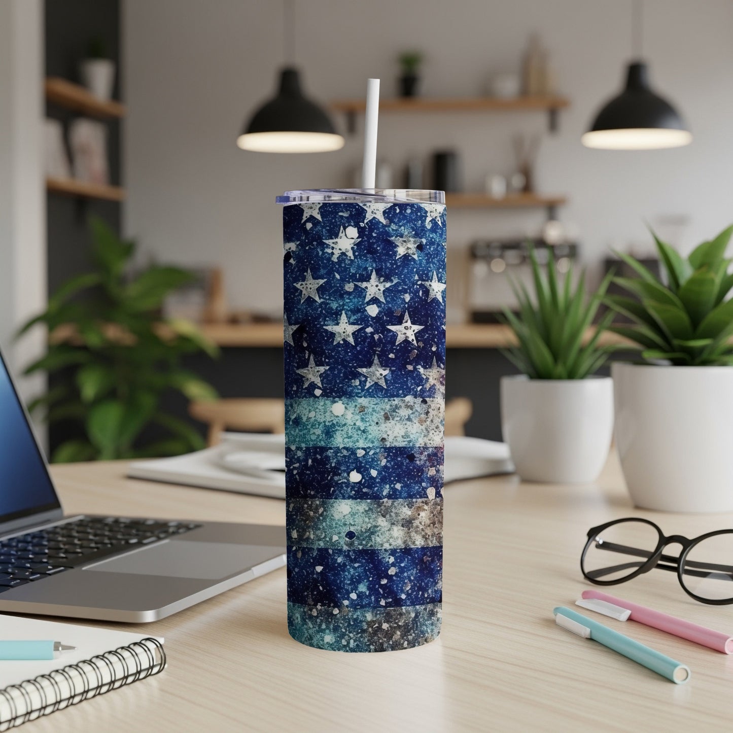 Tall tumbler with a distressed American flag pattern.