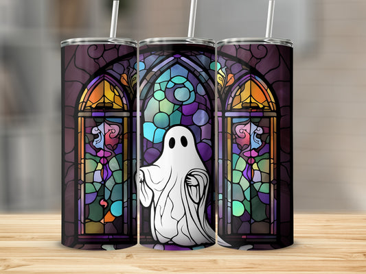 Three tumblers featuring a ghost in a stained glass window.