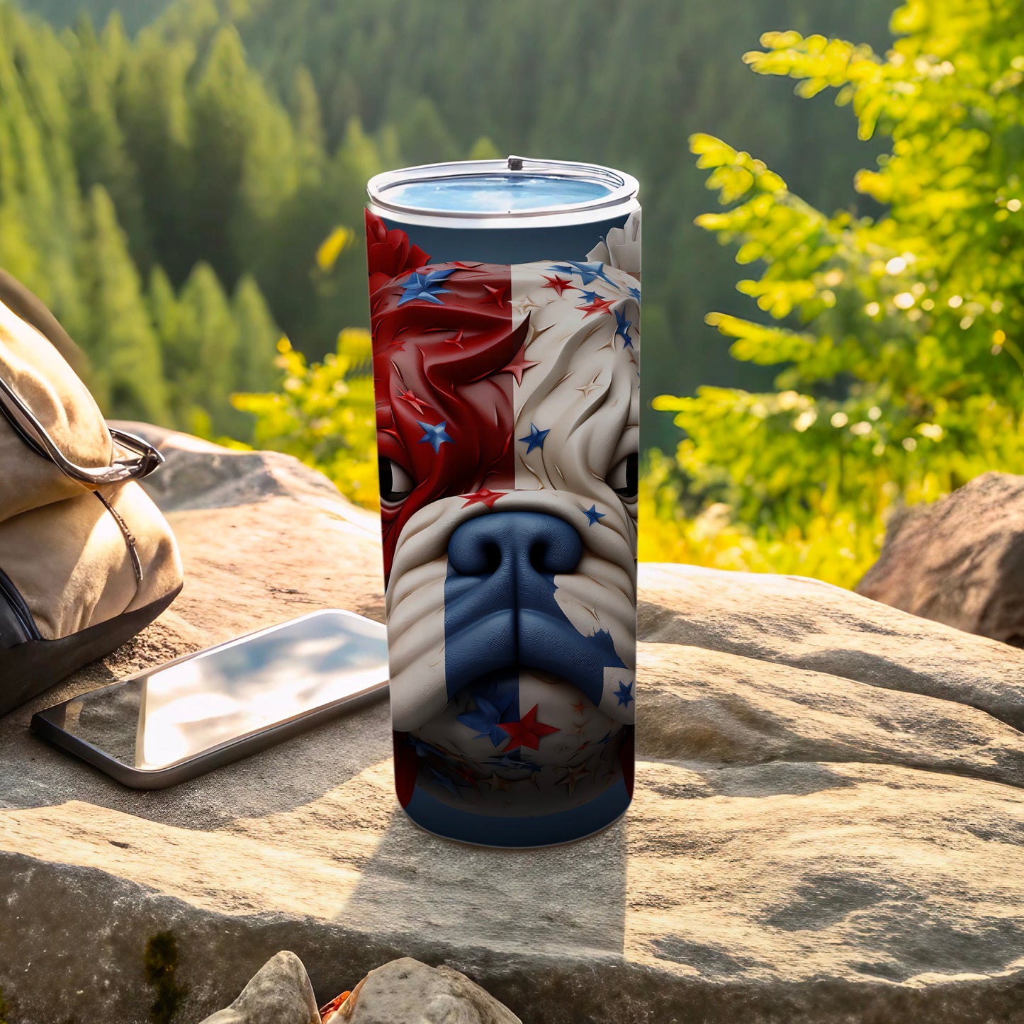 Bulldog face with American flag pattern on a stainless steel tumbler.