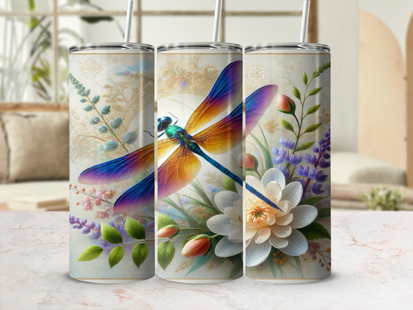 Dragonfly and Floral Pattern Insulated Tumbler Cup