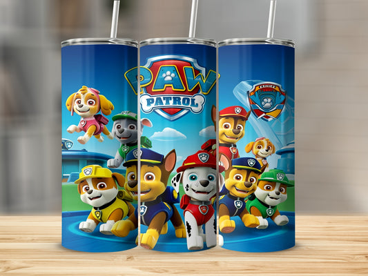 Paw Patrol characters Chase, Marshall, Rubble, Skye, and Zuma on a blue tumbler.