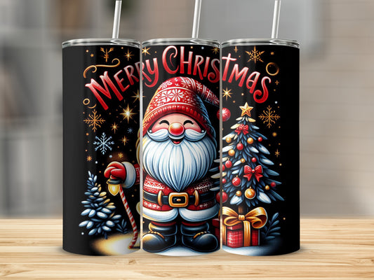 Santa Claus and Christmas tree on a black tumbler with "Merry Christmas" text.