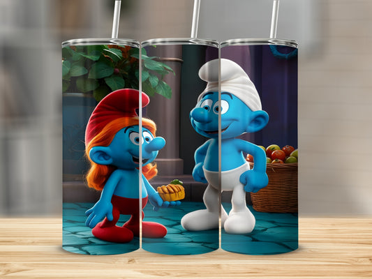 Smurfette and Papa Smurf holding pumpkin on tumbler designs.