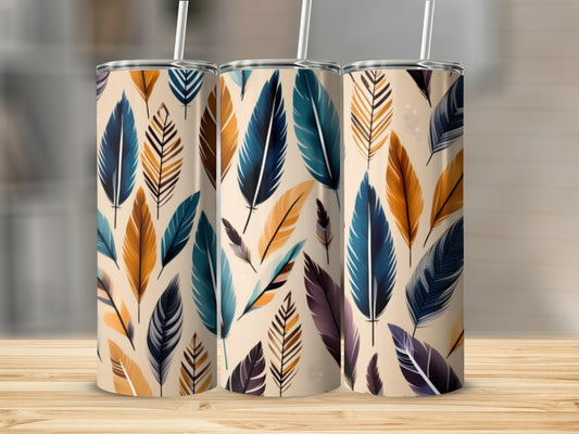 Three tumblers with a repeating pattern of colorful feathers.