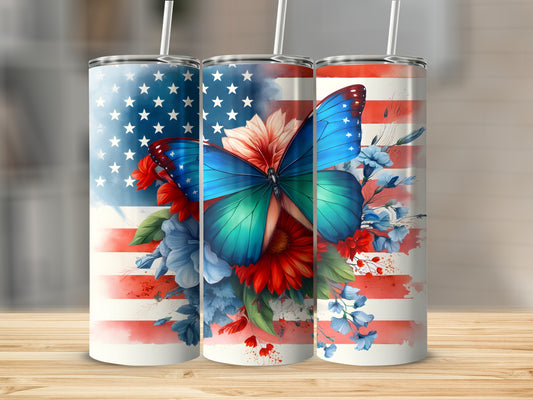 Tall tumbler with American flag and blue butterfly with flowers.