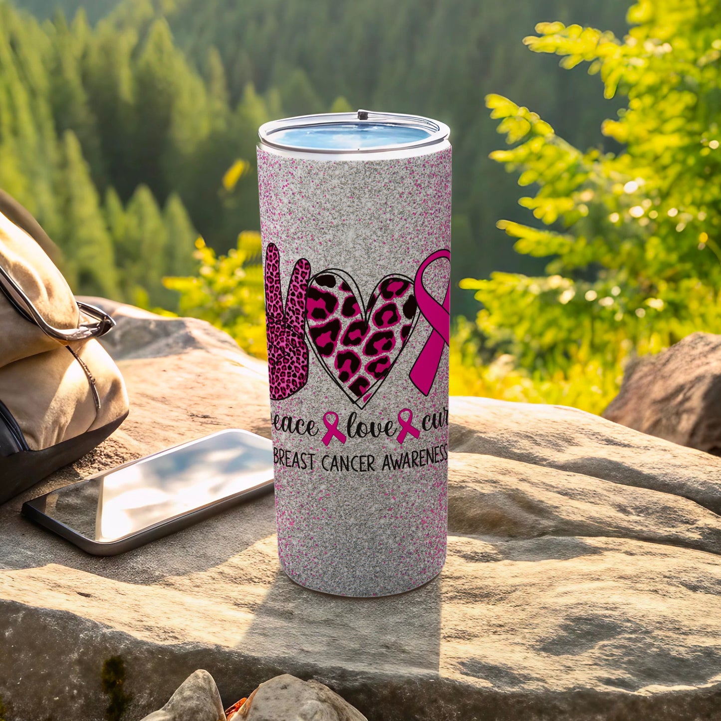 Tumbler with peace sign, leopard print heart, and pink ribbon for breast cancer awareness.