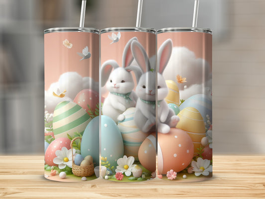 Easter-themed tumbler with bunnies, painted eggs, and spring flowers.