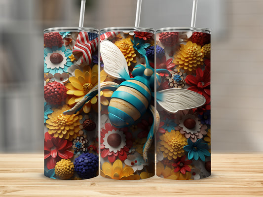 Bee and floral pattern tumbler with American flag accent.