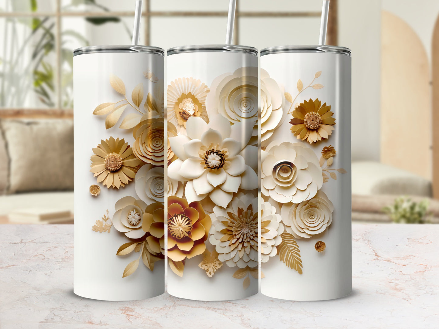 Elegant Gold and White Flower Design Tumbler Product