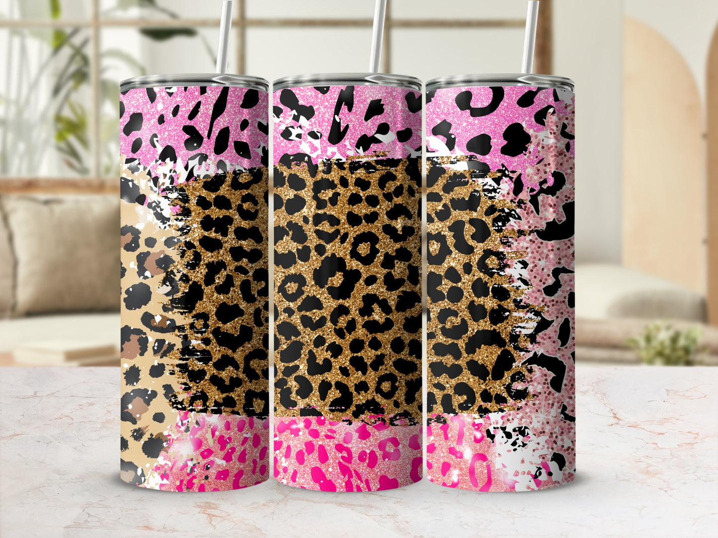 Pink Glitter Leopard Print Tumbler Cup Drinkware Product