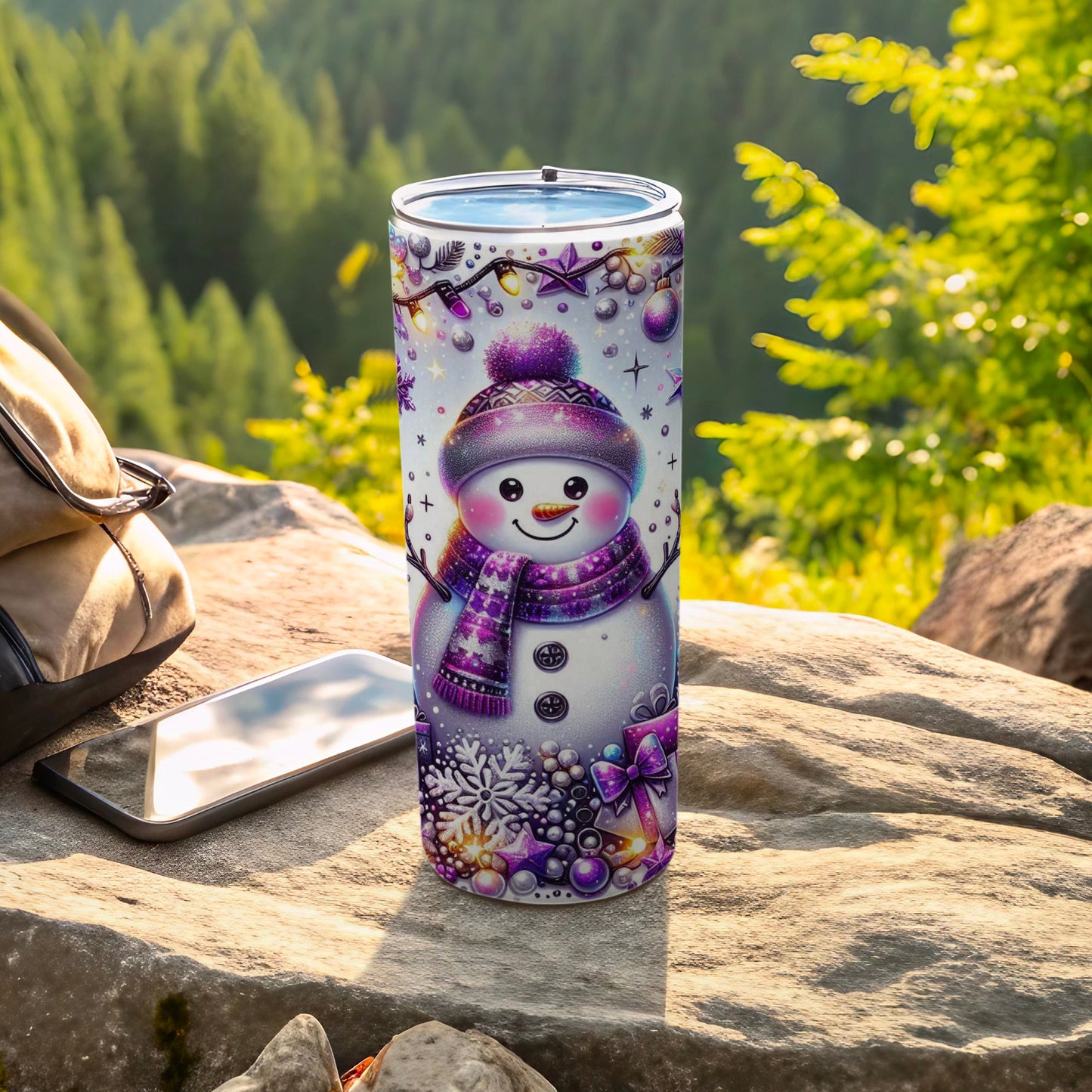 Festive Snowman Tumbler with Purple Scarf Design