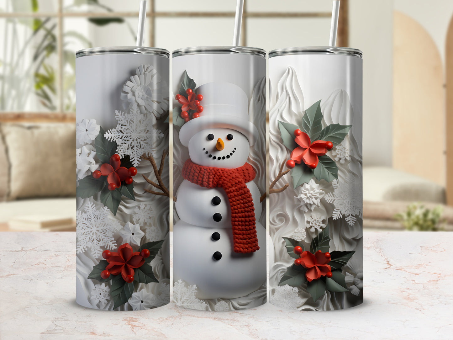 Festive Snowman and Holiday Flowers Tumbler Product
