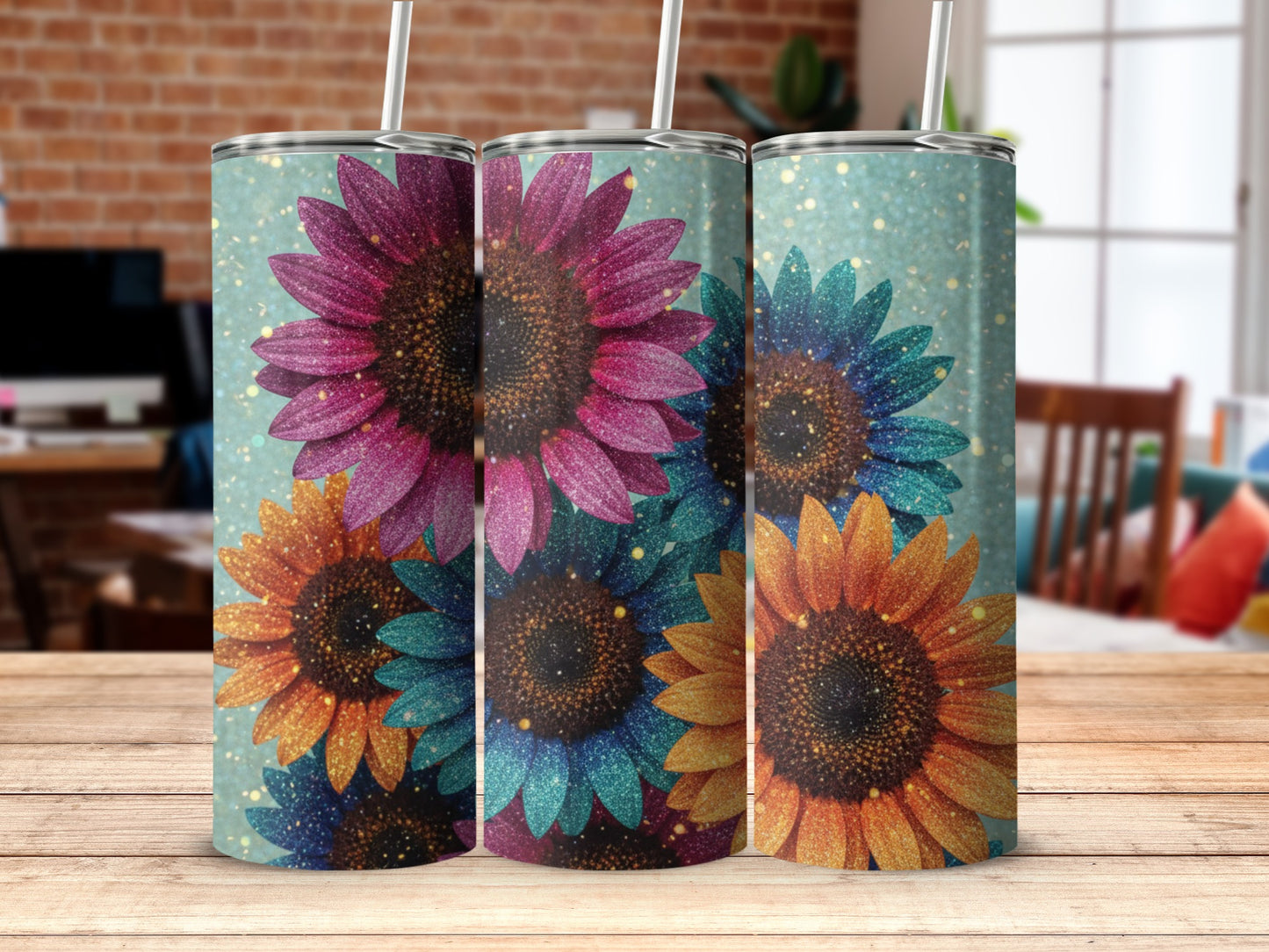 Glittery Sunflower Design Tumblers Set Modern Decor