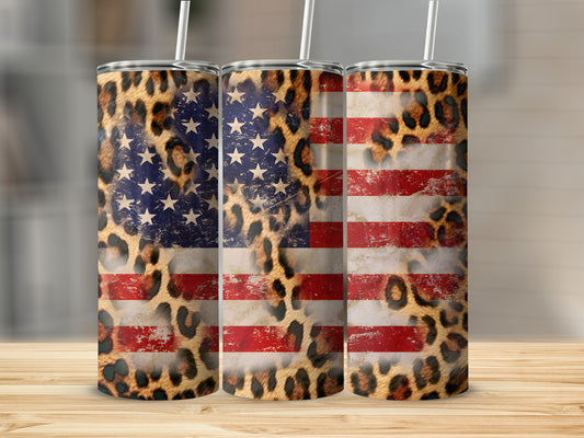 Three tumblers with American flag and leopard print design.
