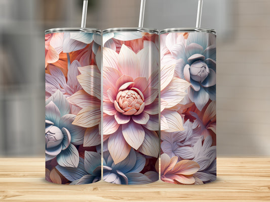 Three tumblers with a floral pattern in pastel pinks and blues.