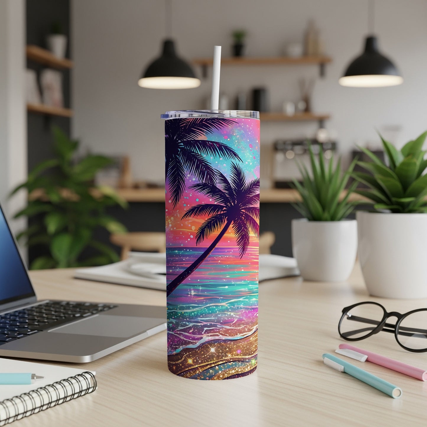 Tall tumbler with a colorful beach sunset design and palm trees.