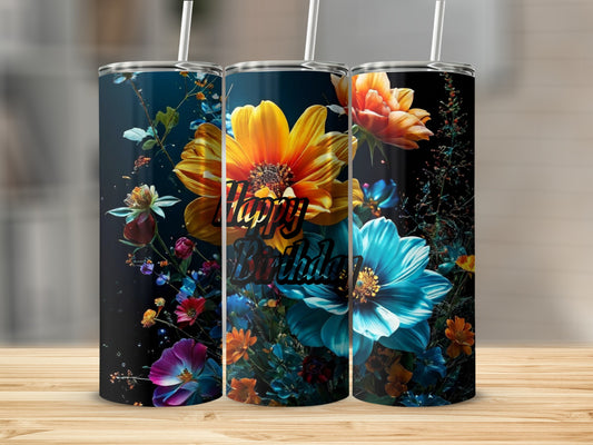 Floral tumbler with "Happy Birthday" text in vibrant colors.