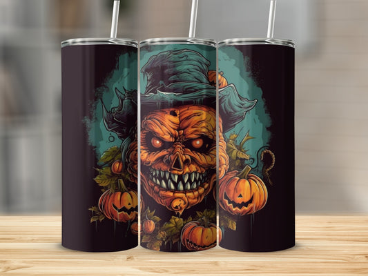 Three tumblers featuring a creepy jack-o-lantern wearing a witch hat.