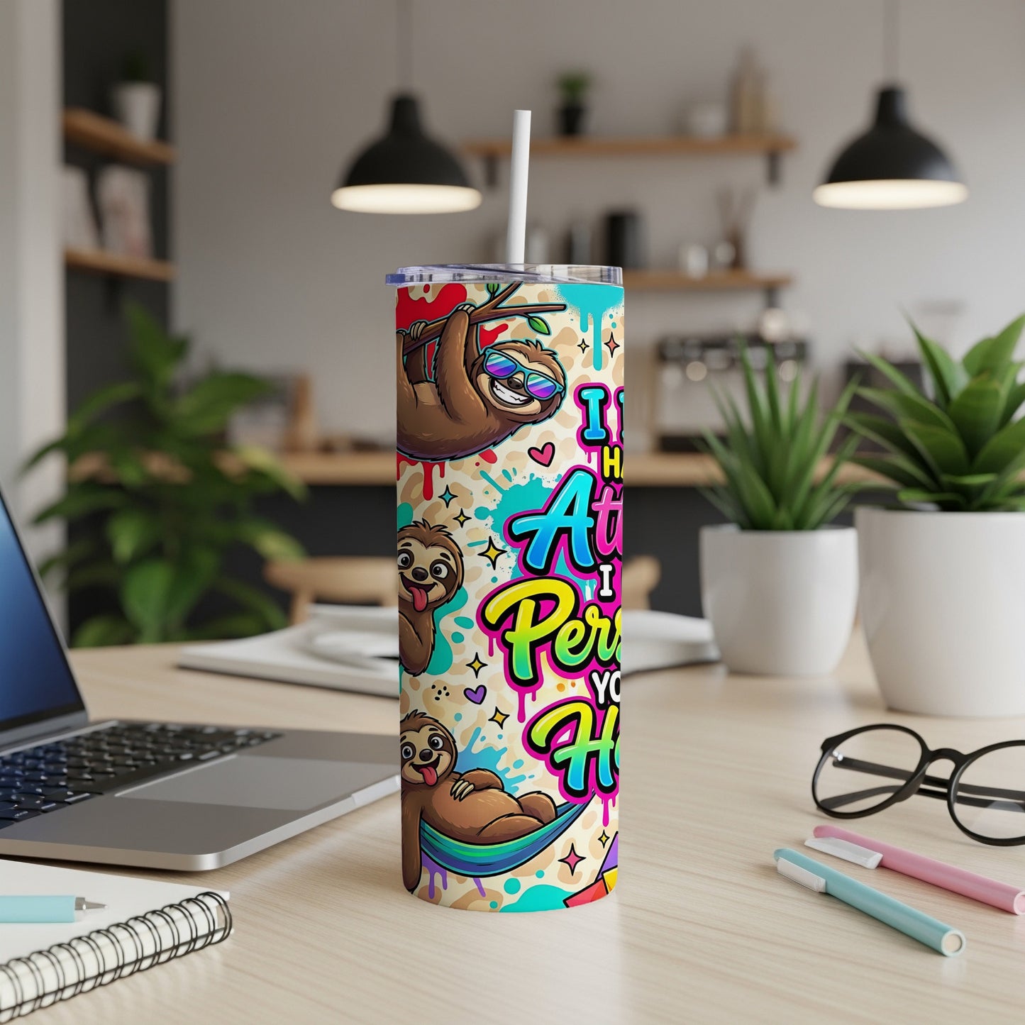 Sloth tumbler with colorful cartoon sloths and text "I Am Perfectly Happy".