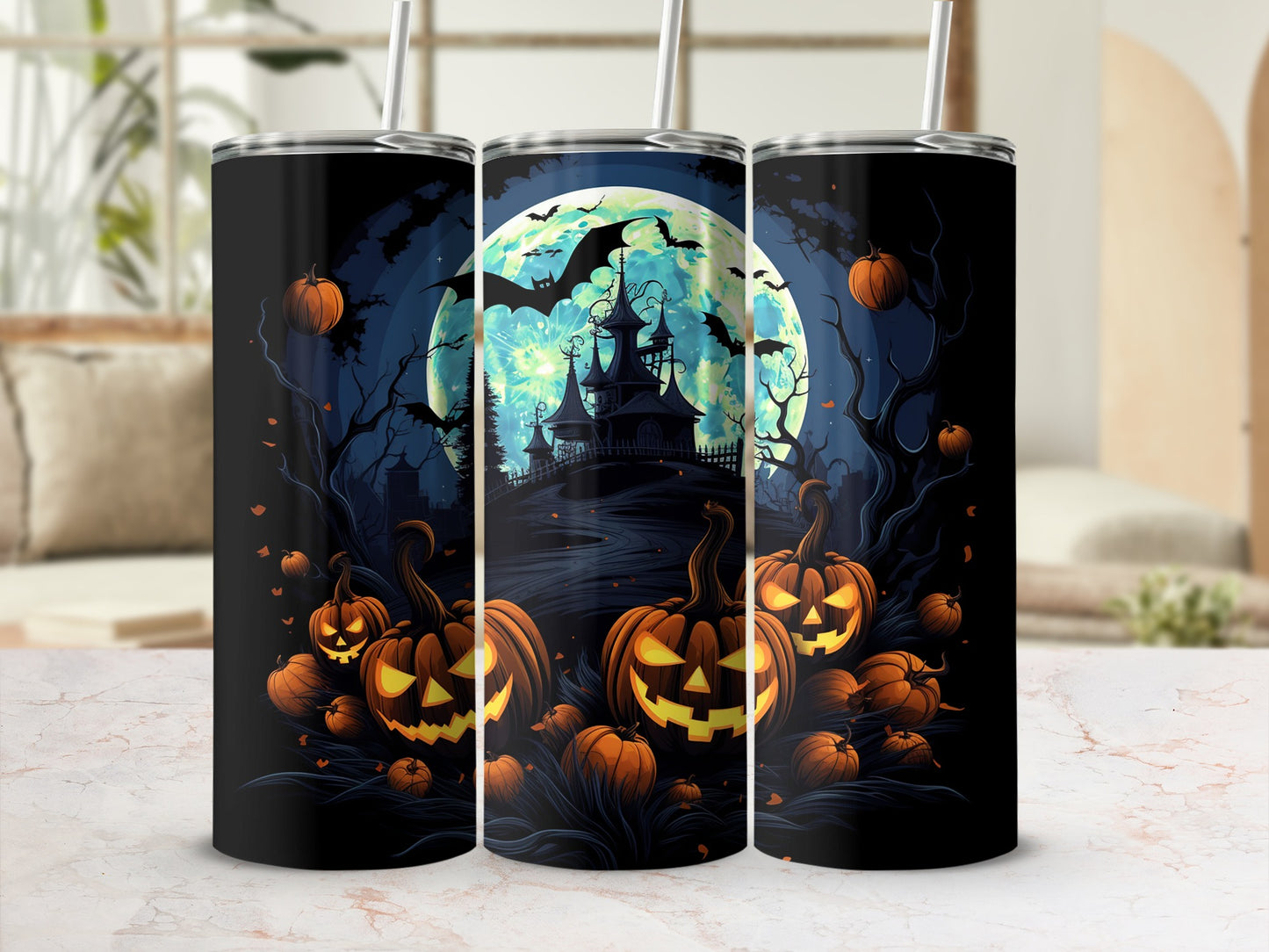 Halloween Night Scene with Pumpkins and Bats Tumbler