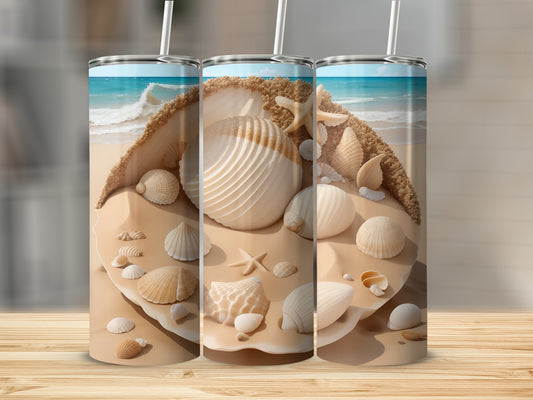 Three tumblers featuring a beach scene with seashells and starfish.