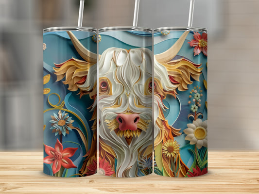 Three tumblers featuring a Highland cow with floral accents and straws.