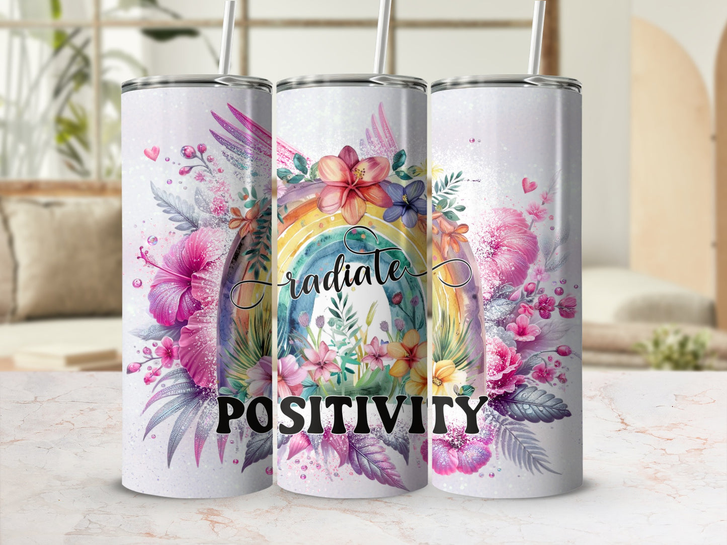 Radiate Positivity Rainbow Floral Design tumbler