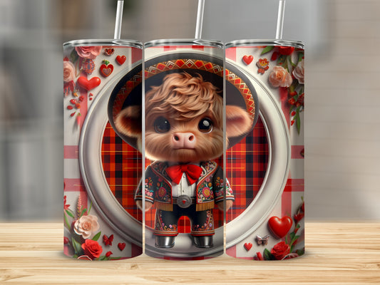 Cute cartoon bull in mariachi outfit with hearts and roses, three tumblers.