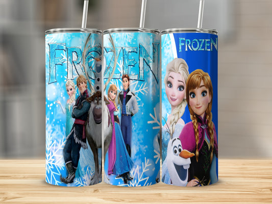 Frozen Elsa, Anna, Kristoff, Sven, and Olaf on three themed tumblers.
