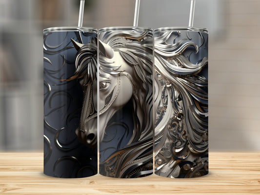 Triptych of a metallic horse head with intricate gears and flowing mane on tumblers.