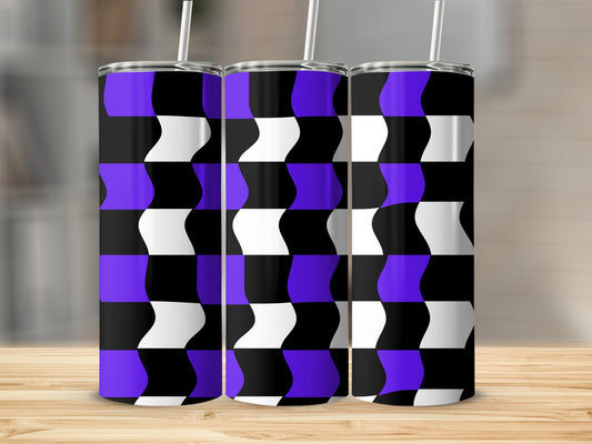 Three tall tumblers with a black, purple, and white checkered wave pattern.