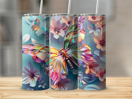 Three tumblers with a colorful butterfly and floral design on a light blue background.