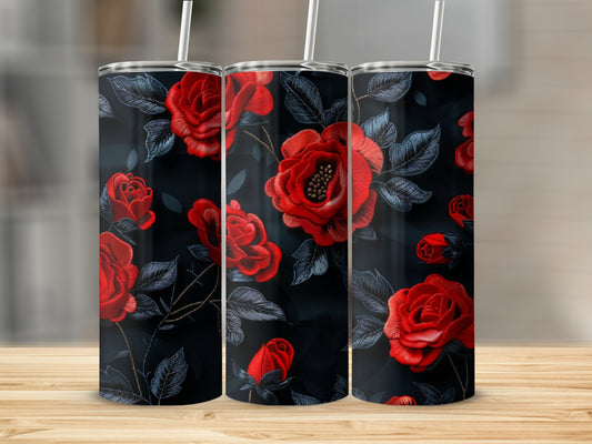 Three tumblers with a dark background and a red rose floral pattern.