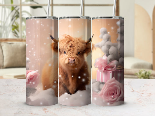 Cute Highland Cattle with Flowers and Snow Tumbler