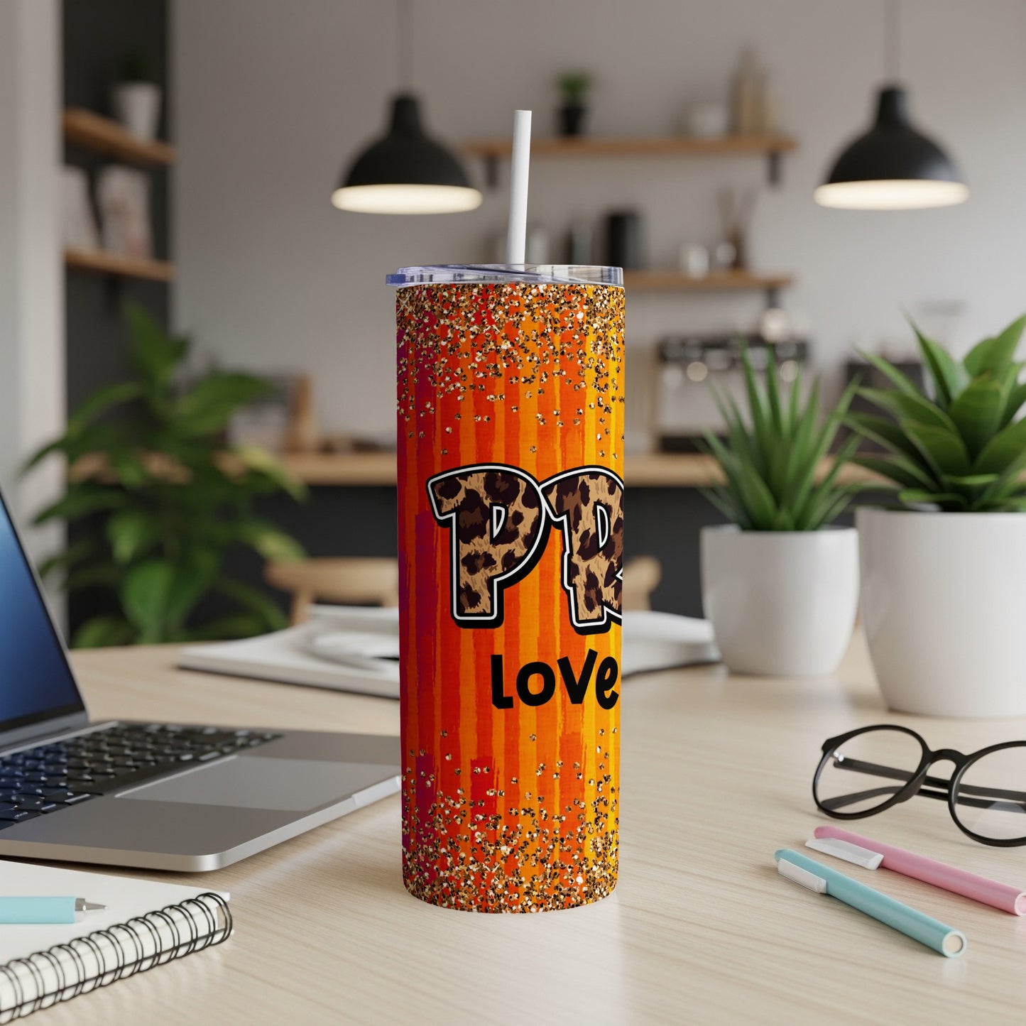 Orange gradient tumbler with leopard print "PR Love" text and glitter.