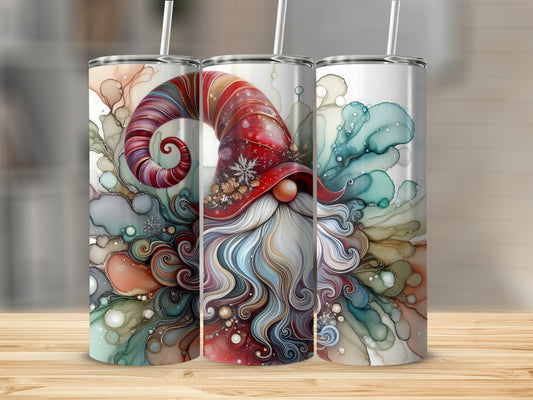 Three tumblers featuring a colorful gnome illustration with a red hat and beard.