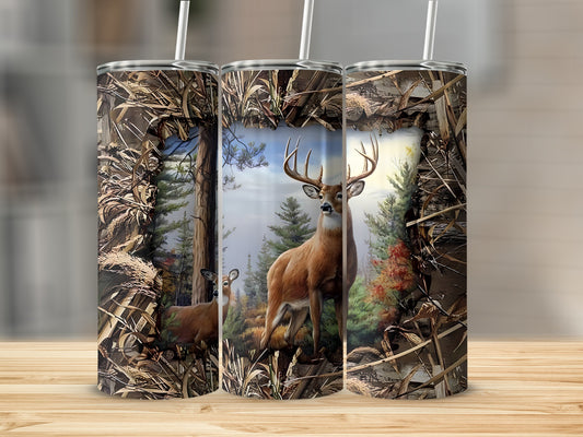 Camouflage tumbler featuring a buck and doe in a forest scene.
