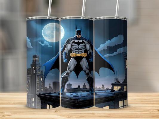 Batman standing on a rooftop at night with a full moon and city skyline.