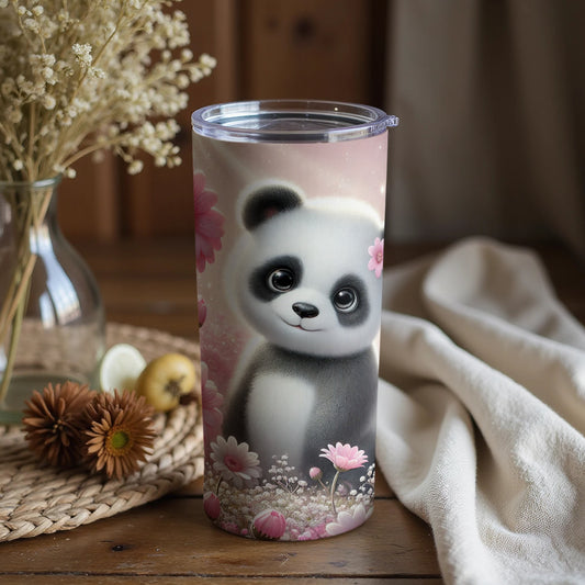 Cute Baby Panda with Pink Flowers Travel Tumbler