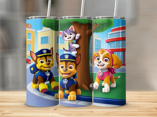 Paw Patrol characters Chase, Marshall, and a cat in a city park scene.