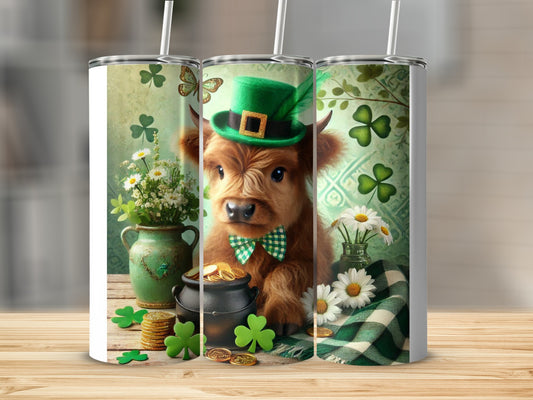 Highland cow in a green hat with shamrocks and gold coins.
