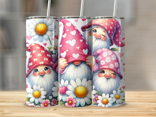 Three Valentine's Day gnomes with daisy flowers and hearts.