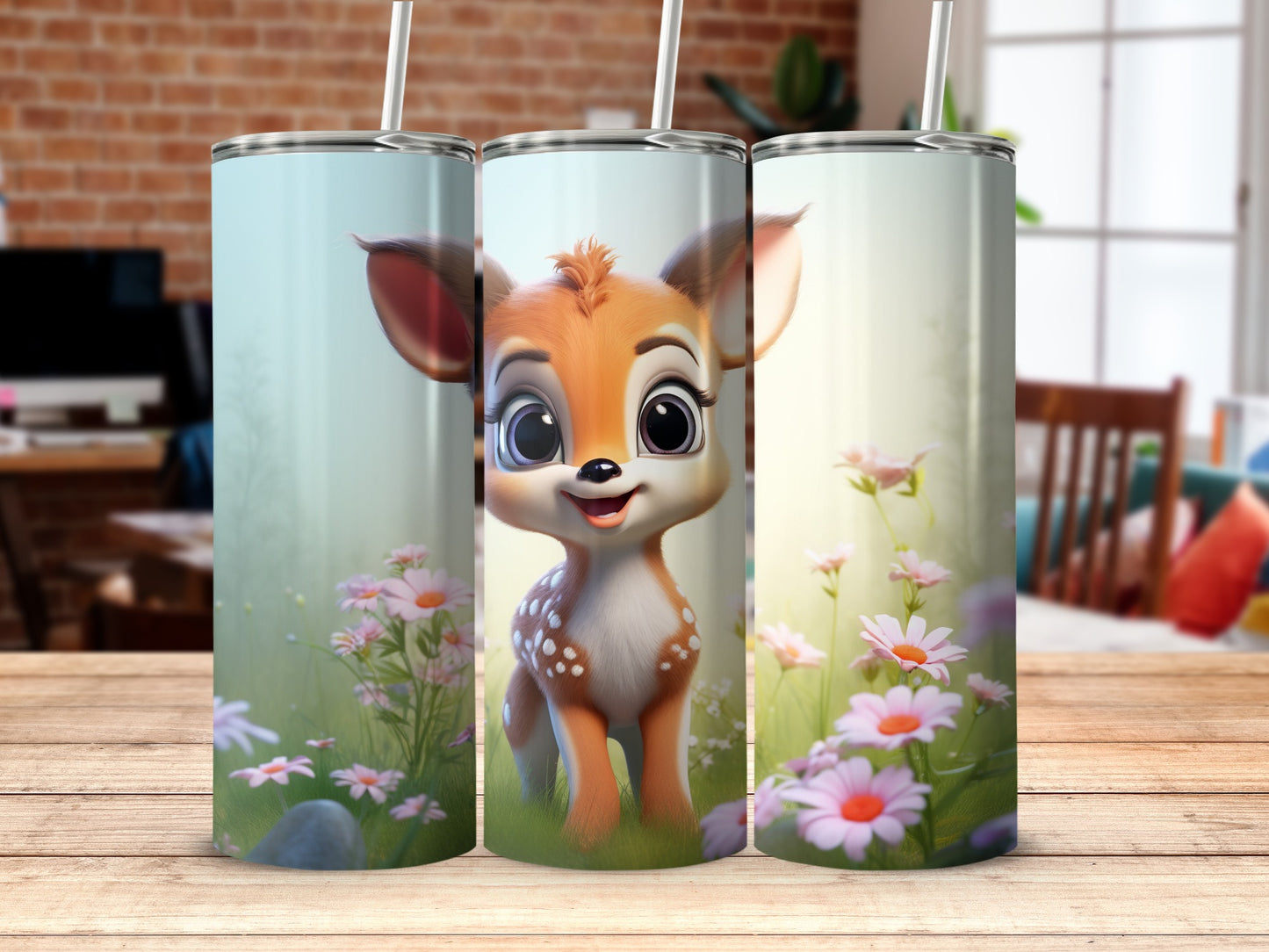 Cute Deer and Daisy Print Stainless Steel Tumbler