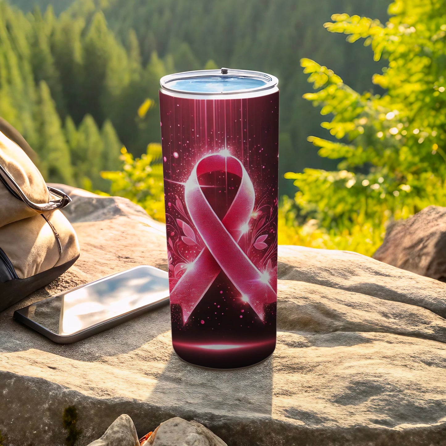 Pink ribbon tumbler with bokeh light effects on a rock.
