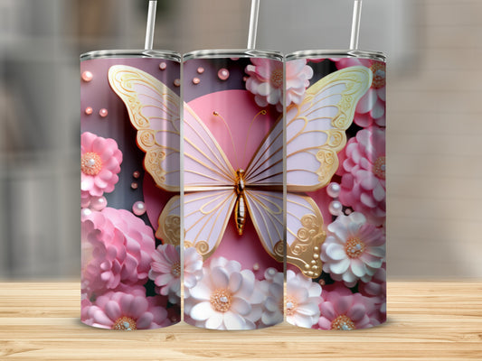 Pink butterfly and floral patterned skinny tumbler with pearls.